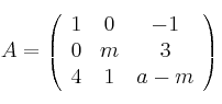 A = 
\left(
\begin{array}{ccc}
1 & 0 & -1\\
0 & m & 3 \\
4 & 1 & a-m
\end{array}
\right)
