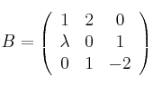 B =
\left(
\begin{array}{ccc}
1 & 2 & 0
\\ \lambda & 0 & 1
\\ 0 & 1 & -2
\end{array}
\right)
B =
\left(
\begin{array}{ccc}
1 & 2 & 0
\\ \lambda & 0 & 1
\\ 0 & 1 & -2
\end{array}
\right)