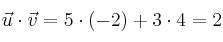 \vec{u} \cdot \vec{v} = 5 \cdot (-2) + 3 \cdot 4 = 2