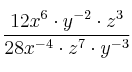 \frac{12x^6 \cdot y^{-2} \cdot z^3}{28x^{-4} \cdot z^7 \cdot y^{-3}}