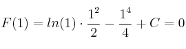 F(1) = ln(1) \cdot \frac{1^2}{2} - \frac{1^4}{4} + C = 0