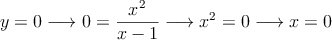 y=0 \longrightarrow 0=\frac{x^2}{x-1} \longrightarrow x^2= 0 \longrightarrow x= 0