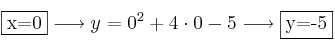\fbox{x=0} \longrightarrow y = 0^2 + 4 \cdot 0 -5 \longrightarrow \fbox{y=-5}