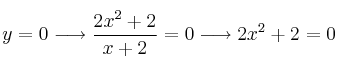 y=0  \longrightarrow \frac{2x^2+2}{x+2}=0 \longrightarrow 2x^2+2=0