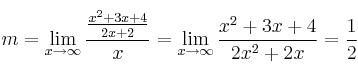 m = \lim\limits_{x \rightarrow \infty} \frac{\frac{x^2+3x+4}{2x+2}}{x}=  \lim\limits_{x \rightarrow \infty} \frac{x^2+3x+4}{2x^2+2x}=\frac{1}{2}