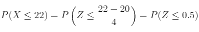 P(X \leq 22) = P\left(Z \leq \frac{22-20}{4} \right) = P(Z \leq 0.5)