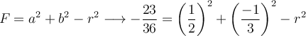 F=a^2+b^2-r^2 \longrightarrow -\frac{23}{36} = \left( \frac{1}{2} \right)^2+ \left( \frac{-1}{3} \right)^2 - r^2