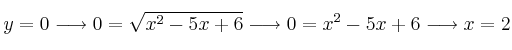 y=0  \longrightarrow 0=\sqrt{x^2-5x+6} \longrightarrow 0=x^2-5x+6 \longrightarrow x=2