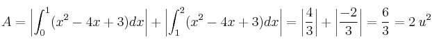 A = \left|\int_0^1 (x^2-4x+3) dx \right|+ \left|\int_1^2 (x^2-4x+3) dx \right| = \left| \frac{4}{3} \right| + \left| \frac{-2}{3} \right| = \frac{6}{3} = 2 \: u^2