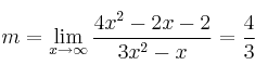 m=\lim_{x \rightarrow \infty}\frac{4x^2-2x-2}{3x^2-x}=\frac{4}{3} m=\lim_{x \rightarrow \infty}\frac{4x^2-2x-2}{3x^2-x}=\frac{4}{3}