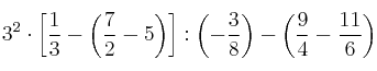 3^2 \cdot \left[ \frac{1}{3} - \left( \frac{7}{2} - 5 \right) \right] : \left( - \frac{3}{8} \right) - \left( \frac{9}{4} - \frac{11}{6} \right)