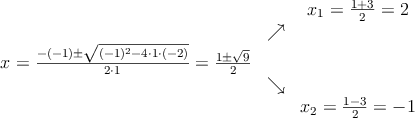 \begin{array}{ccc} & & x_1 = \frac{1+3}{2}=2\\ & \nearrow &\\ x=\frac{-(-1)\pm \sqrt{(-1)^2-4 \cdot1\cdot(-2)}}{2 \cdot1}=
\frac{1\pm \sqrt{9}}{2}& &\\ & \searrow &\\& &x_2 = \frac{1-3}{2}=-1\end{array}