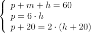 \left\{ \begin{array}{l}
p+m+h=60 \\
p=6 \cdot h \\
p+20 = 2 \cdot (h+20)
\end{array} \left. 