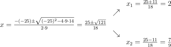 
\begin{array}{ccc} & & x_1 = \frac{25+11}{18}=2\\ & \nearrow &\\ x=\frac{-(-25)\pm \sqrt{(-25)^2-4 \cdot9\cdot14}}{2 \cdot9}=
 \frac{25\pm \sqrt{121}}{18}& &\\ & \searrow &\\& &x_2 = \frac{25-11}{18}=\frac{7}{9}\end{array}
