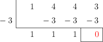 \polyhornerscheme[x=-3,resultstyle=\color{red},resultbottomrule,resultleftrule,resultrightrule]{x^3+4x^2 +4x +3}