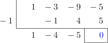  \polyhornerscheme[x=-1, resultstyle=\color{blue},resultbottomrule,resultleftrule,resultrightrule]{x^3 - 3x^2 - 9x - 5}