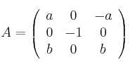 A = 
\left(
\begin{array}{ccc}
a & 0 & -a\\
 0 & -1 & 0 \\
 b & 0  & b
\end{array}
\right)
