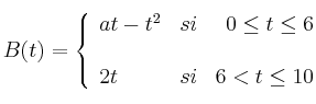B(t) = 
\left\{
\begin{array}{lcr}
 at - t^2 & si & 0 \leq t \leq 6 \\
\\ 2t & si & 6 <  t \leq 10 \\
\end{array}
\right. 