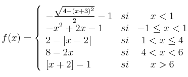 f(x) = 
\left\{
\begin{array}{lrc}
 - \frac{\sqrt{4-(x+3)^2}}{2} - 1 & si & x < 1
\\ -x^2+2x-1 & si & -1 \leq x < 1
\\ 2 - |x-2| & si & 1 < x \leq 4
\\ 8-2x & si & 4 < x < 6 \\
\left[ x+2 \right] -1 & si &  x > 6
\end{array}
\right.