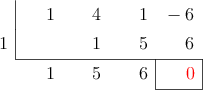 \polyhornerscheme[x=1,resultstyle=\color{red},resultbottomrule,resultleftrule,resultrightrule]{x^3+4x^2+x-6}