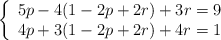  \left\{ \begin{array}{lll} 5p - 4(1-2p+2r) + 3r = 9   \\ 4p + 3(1-2p+2r) + 4r = 1 \end{array} \right. 