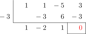 \polyhornerscheme[x=-3, resultstyle=\color{red},resultbottomrule,resultleftrule,resultrightrule]{x^3+x^2-5x+3}