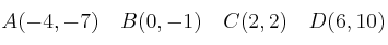 A(-4,-7) \quad B(0,-1)  \quad C(2,2)  \quad D(6,10)