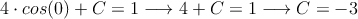 4 \cdot cos(0) + C = 1 \longrightarrow 4+C=1 \longrightarrow C=-3