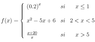 f(x)= \left\{ \begin{array}{lcc}
\left( 0.2\right)^x & si & x \leq 1 \\
\\ x^2-5x+6 & si & 2 < x < 5 \\
\\ \frac{x+20}{x} & si & x > 5
\end{array}
\right.
f(x)= \left\{ \begin{array}{lcc}
\left( 0.2\right)^x & si & x \leq 1 \\
\\ x^2-5x+6 & si & 2 < x < 5 \\
\\ \frac{x+20}{x} & si & x > 5
\end{array}
\right.