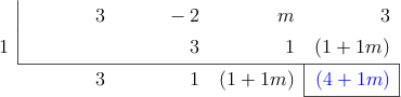  \polyhornerscheme[x=1, resultstyle=\color{blue},resultbottomrule,resultleftrule,resultrightrule]{3x^3 - 2x^2 + mx + 3}