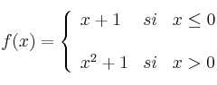  
f(x)= \left\{ \begin{array}{lcc}
              x+1 &   si  & x \leq 0 \\
              
              \\ x^2+1 &  si  & x > 0 
              \end{array}
    \right.
