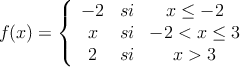 
f(x)=\left\{
\begin{array}{ccc}
 -2 & si & x \leq -2 \\
 x & si & -2<x \leq 3 \\
 2 & si & x>3
\end{array}
\right.