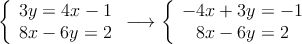 \left\{
\begin{array}{c}
3y=4x-1 \\
8x-6y=2
\end{array}
\right. \longrightarrow \left\{
\begin{array}{c}
 -4x+3y=-1 \\
8x-6y=2
\end{array}
\right. 