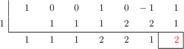  \polyhornerscheme[x=1, resultstyle=\color{red},resultbottomrule,resultleftrule,resultrightrule]{x^6 + x^3 -x + 1}