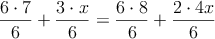 \frac{6 \cdot 7}{6} + \frac{3 \cdot x}{6} = \frac{6 \cdot 8}{6} + \frac{2 \cdot 4x}{6}