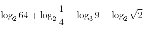 \log_2 64 + \log_2 \frac{1}{4} - \log_3 9 - \log_2 \sqrt{2}