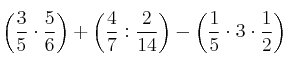\left( \frac{3}{5} \cdot \frac{5}{6} \right) + \left( \frac{4}{7} : \frac{2}{14}\right) - \left( \frac{1}{5} \cdot 3 \cdot \frac{1}{2} \right)