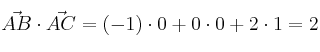 \vec{AB} \cdot \vec{AC}=(-1) \cdot 0 + 0 \cdot 0 + 2 \cdot 1 = 2
