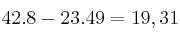 42.8 - 23.49 = 19,31