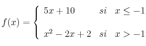 
f(x)= \left\{ \begin{array}{lcc}
              5x+10 &   si  & x \leq -1 \\
              \\ x^2-2x+2 &  si &  x > -1 
              \end{array}
    \right.
