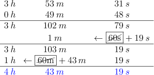 \begin{array}{rcc}
 3\: h & 53 \: m & 31 \: s \\
 0\: h & 49 \: m & 48 \: s \\
\hline
 3\: h & 102 \: m & 79 \: s \\
  & 1 \: m &\leftarrow\fbox{\cancel{60s}}+19 \: s \\
\hline
 3\: h & 103 \: m & 19 \: s \\
1\: h & \leftarrow\fbox{\cancel{60m}}+43 \: m & 19 \: s \\
\hline
 \textcolor{blue}{4\: h} & \textcolor{blue}{43 \: m} & \textcolor{blue}{19 \: s} \\
\end{array}
