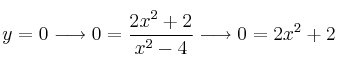 y=0 \longrightarrow 0=\frac{2x^2+2}{x^2-4} \longrightarrow 0=2x^2+2 y=0 \longrightarrow 0=\frac{2x^2+2}{x^2-4} \longrightarrow 0=2x^2+2