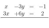 \begin{array}{cccc}
x & -3y & = & -1 \\ 
3x & +6y & = & 2 \\
\hline&&&
  \end{array}