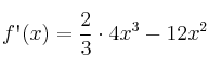 f\textsc{\char13}(x)= \frac{2}{3} \cdot 4x^3-12x^2 f\textsc{\char13}(x)= \frac{2}{3} \cdot 4x^3-12x^2