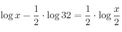 \log{x} - \frac{1}{2} \cdot \log{32} = \frac{1}{2} \cdot \log{\frac{x}{2}} 