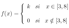 f(x)= \left\{ \begin{array}{lcc}
             k &   si  & x \in [3,8] \\
             \\0 &   si  & x \notin [3,8] \
             \end{array}
   \right.