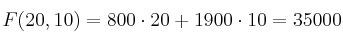 F(20, 10) = 800 \cdot 20 + 1900 \cdot 10 = 35000