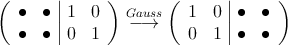 \left(
\begin{array}{cc|cc}
\bullet & \bullet & 1 & 0 \\
\bullet & \bullet & 0 & 1
\end{array}
\right) \stackrel{Gauss}{\longrightarrow}
\left(
\begin{array}{cc|cc}
1 & 0 &\bullet & \bullet  \\
0 & 1 &\bullet & \bullet  
\end{array}
\right)
