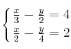 \displaystyle {
\left\{ { \frac{x}{3} - \frac{y}{2} = 4 \atop   \frac{x}{2} - \frac{y}{4} = 2 } 
\right.
}