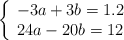 \left\{ \begin{array}{l} -3a+3b=1.2 \\ 24a-20b=12 \end{array}\right.